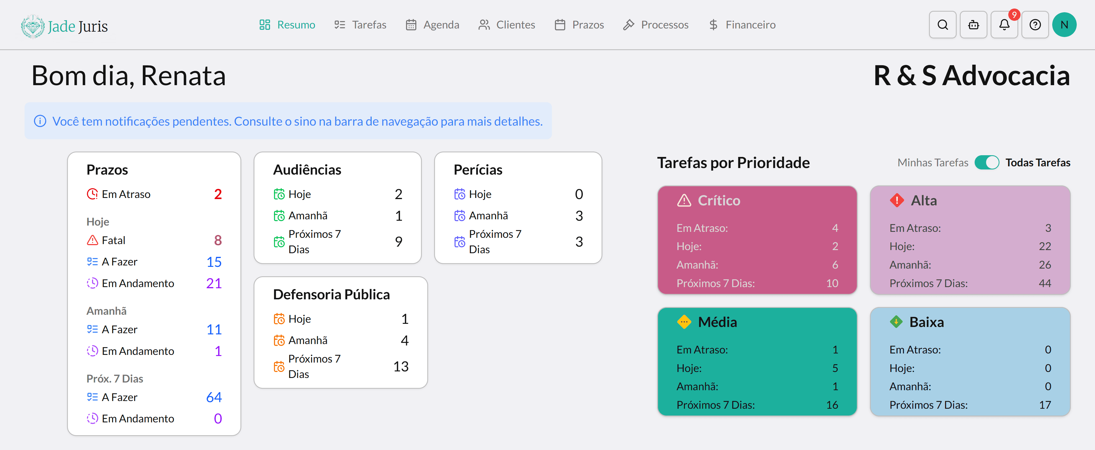 Dashboard do Jade Juris - Tema Claro